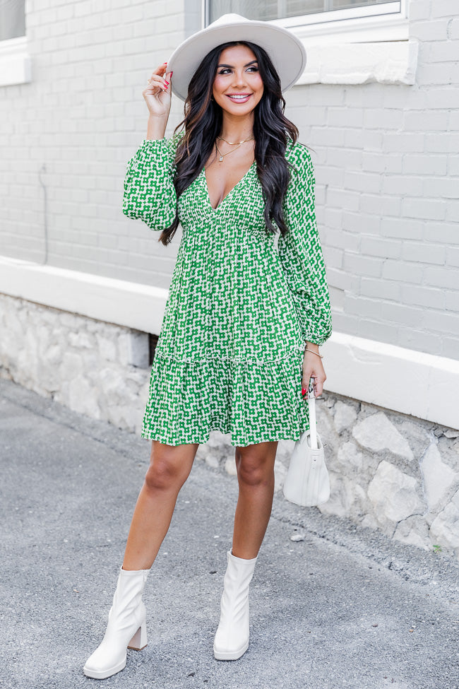 Everything You Wanted Green Retro Printed Long Sleeve Smocked Bust Mini Dress FINAL SALE