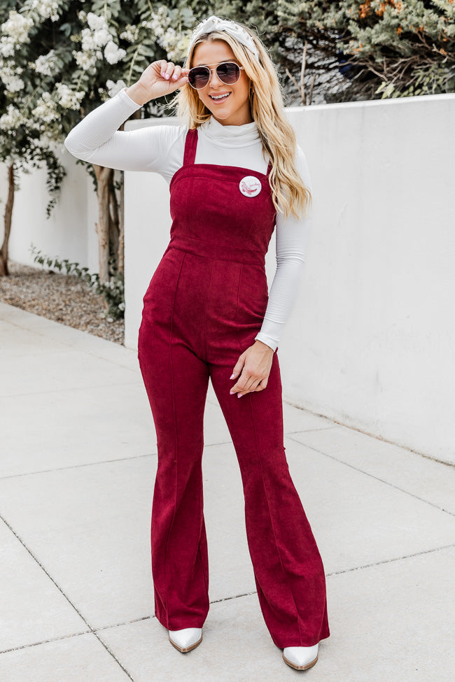 Come On Through Wine Corduroy Flared Overalls