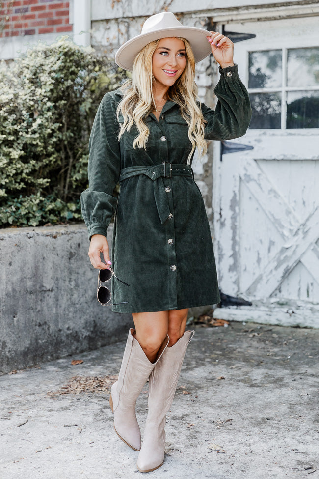 No Expectations Olive Corded Long Sleeve Belted Mini Dress