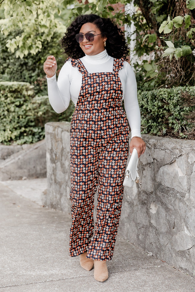 Always Up For Adventure Brown Multi Ribbed Daisy Printed Ruffle Sleeve Jumpsuit FINAL SALE