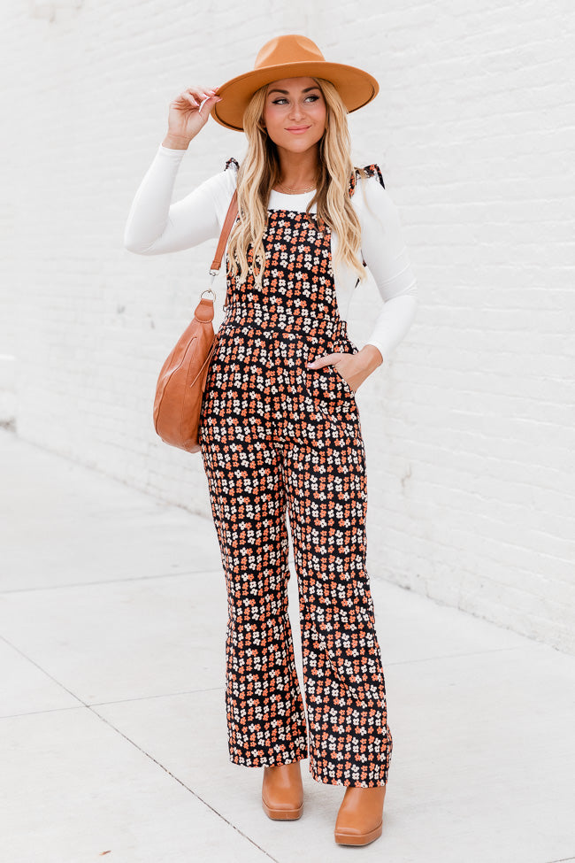 Always Up For Adventure Brown Multi Ribbed Daisy Printed Ruffle Sleeve Jumpsuit