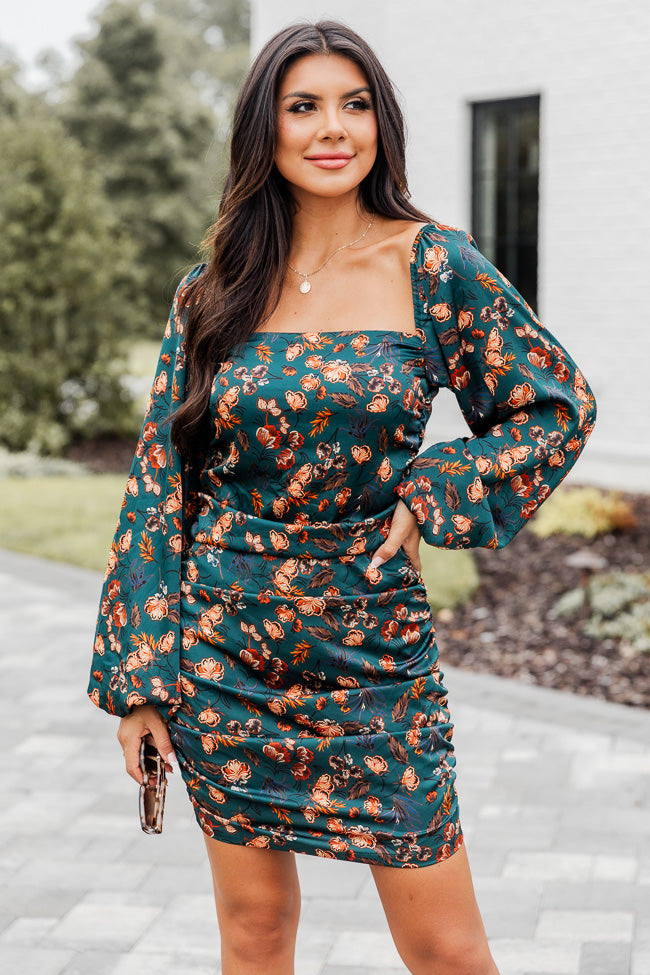 All Together Green Multi Ruched Satin Printed Long Sleeve Mini Dress FINAL SALE