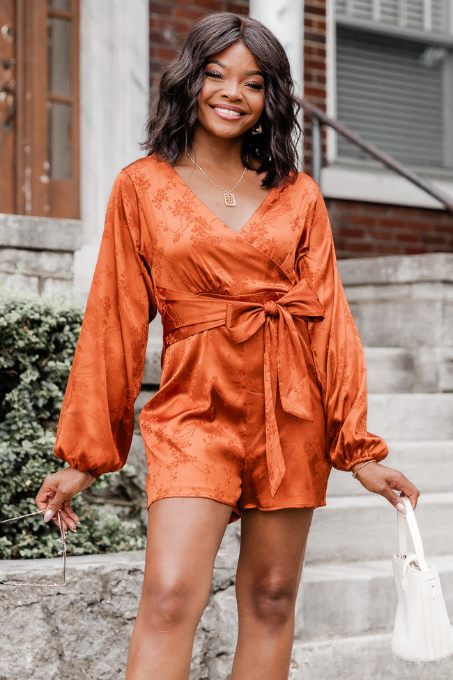 Dreams Are Made Rust Satin Long Sleeve Romper FINAL SALE – Pink Lily
