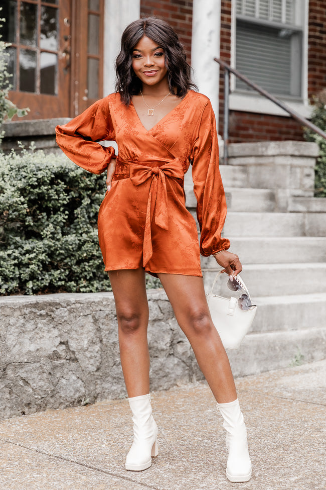 Dreams Are Made Rust Satin Long Sleeve Romper FINAL SALE – Pink Lily