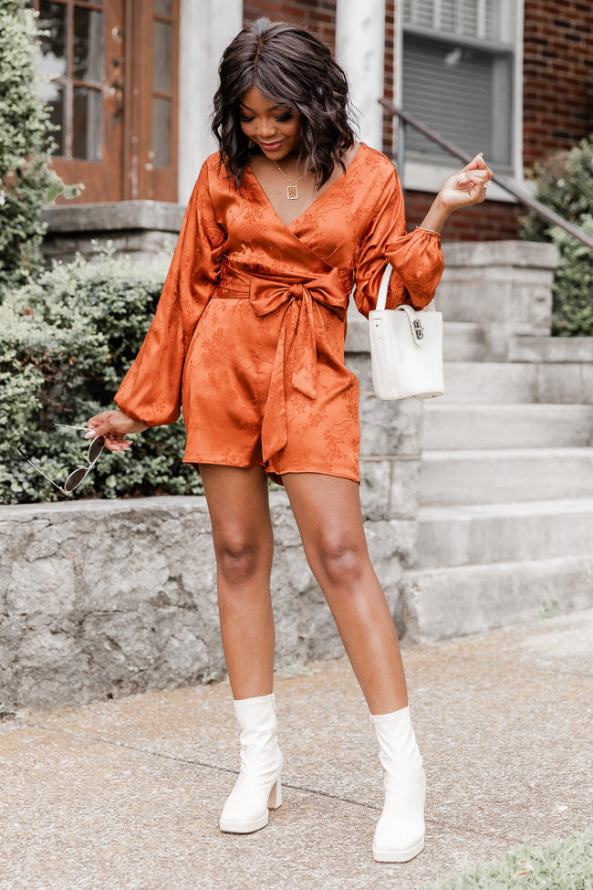 Dreams Are Made Rust Satin Long Sleeve Romper FINAL SALE