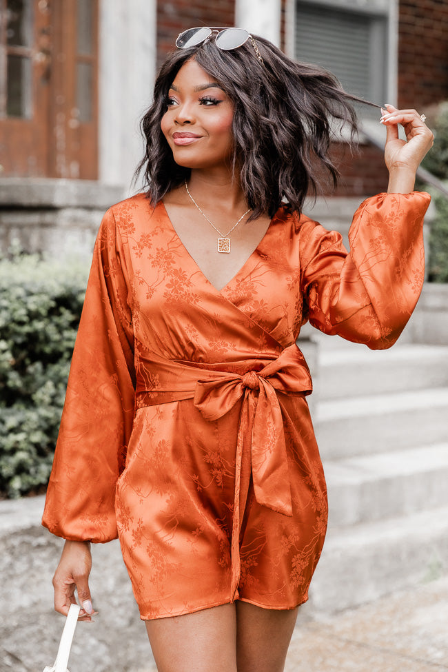 Dreams Are Made Rust Satin Long Sleeve Romper FINAL SALE