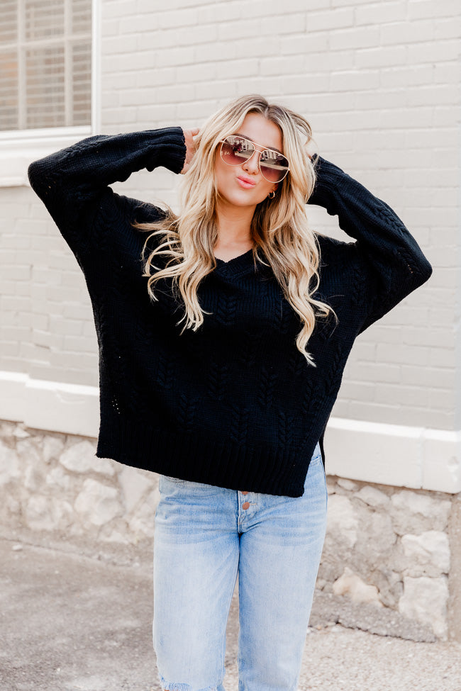 True To You Black Textured V-Neck Sweater