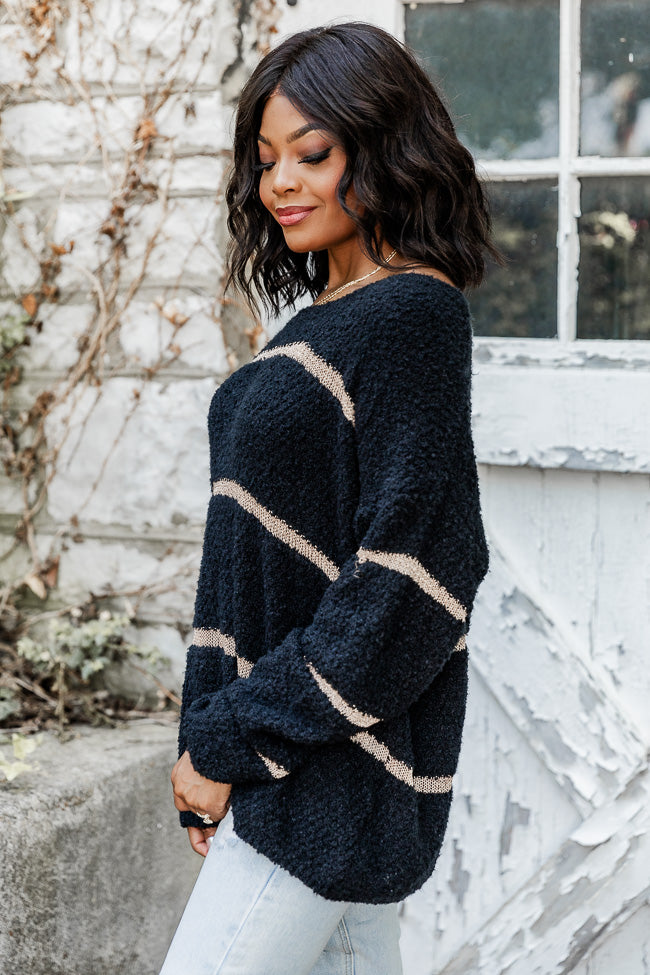 All Day Long Black And Gold Fuzzy Metallic Stripe Sweater Pink Lily