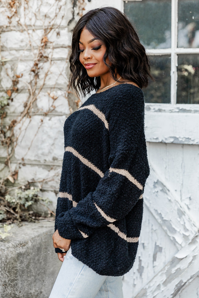 All Day Long Black And Gold Fuzzy Metallic Stripe Sweater