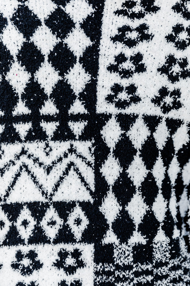 Find Your Path Black And Ivory Fuzzy Printed Cardigan
