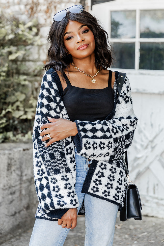 Find Your Path Black And Ivory Fuzzy Printed Cardigan