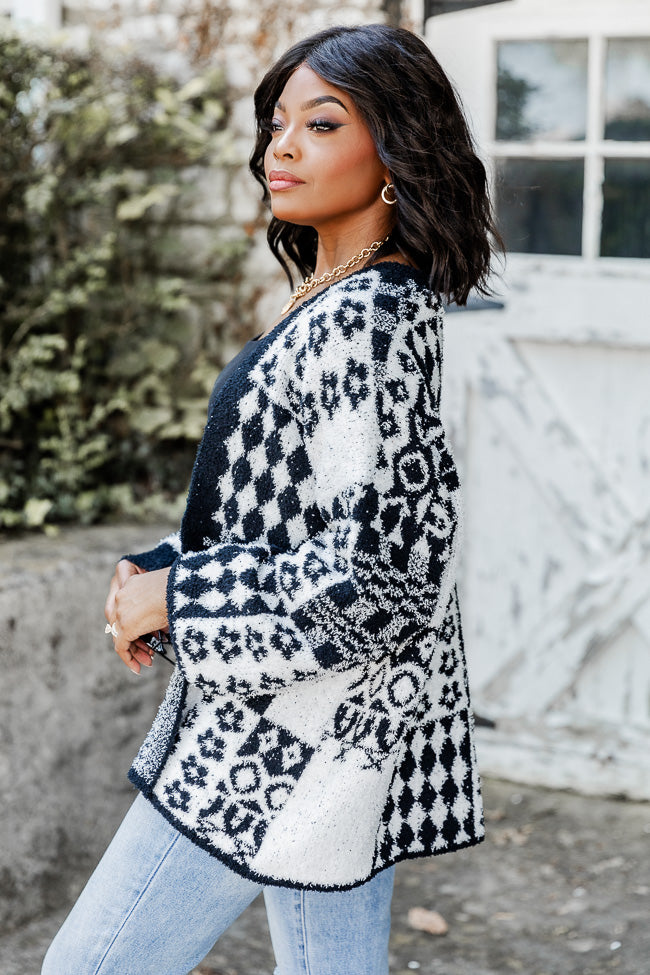 Find Your Path Black And Ivory Fuzzy Printed Cardigan