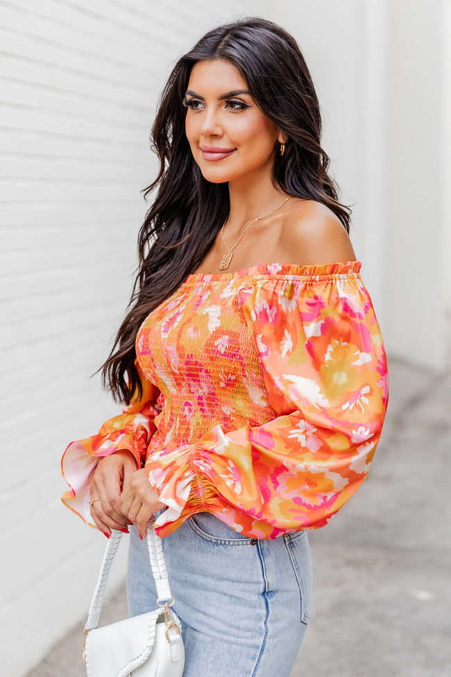 Just A Moment Orange Floral Print Off The Shoulder Blouse FINAL SALE