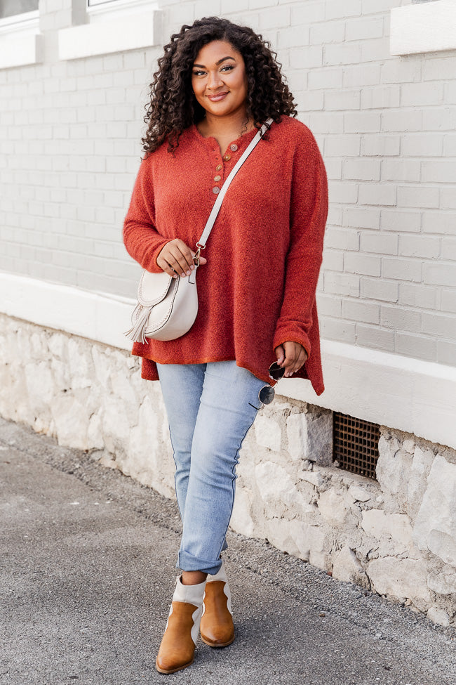 Thinking Of You Rust Fuzzy Henley Blouse FINAL SALE