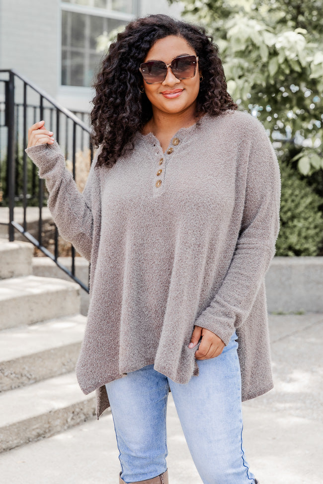 Thinking Of You Taupe  Fuzzy Henley Blouse