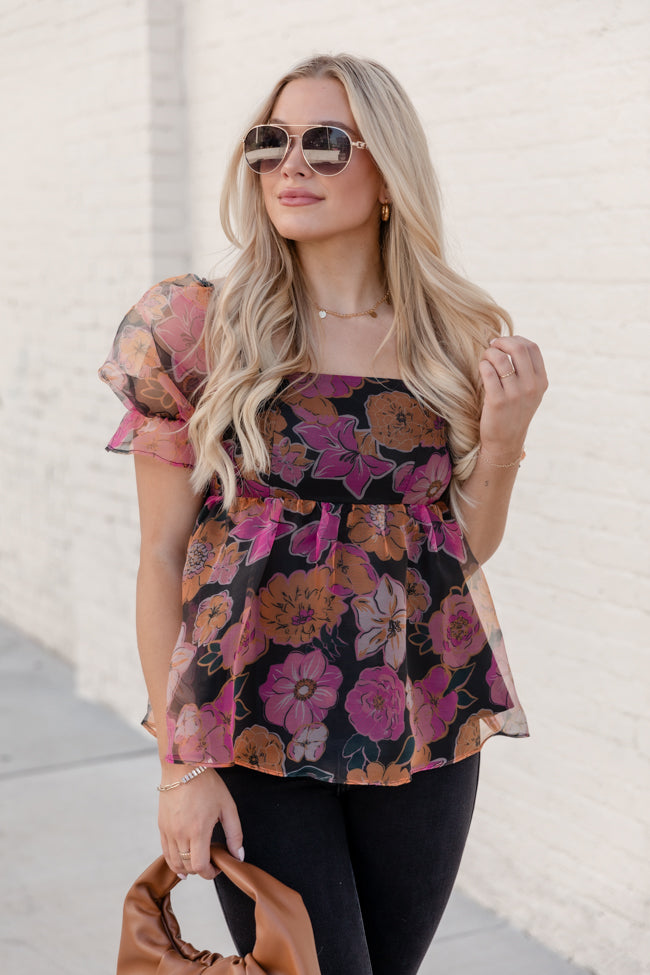 Something Beautiful Black Floral Print Tulle Blouse