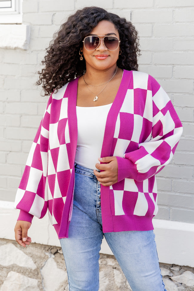 Trying Your Best Magenta Checkered Cardigan