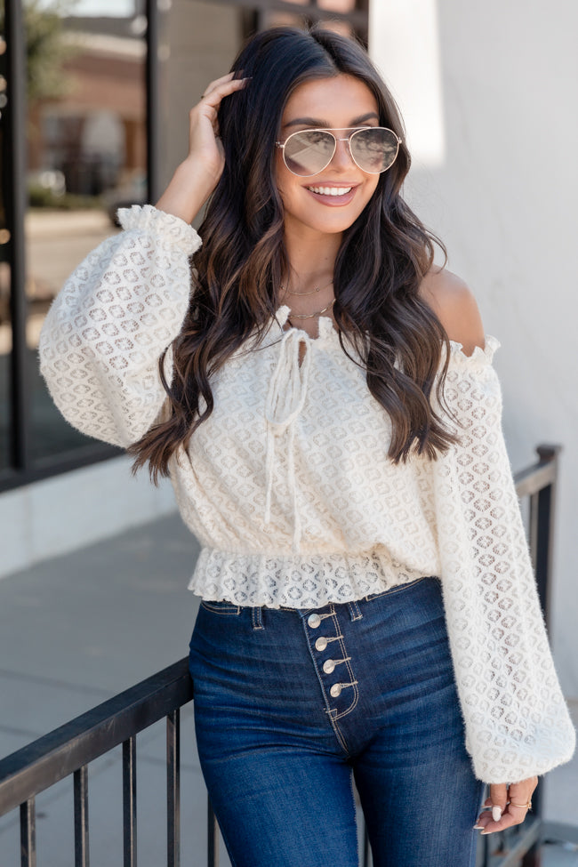 Now's Your Time Cream Lace Off The Shoulder Blouse