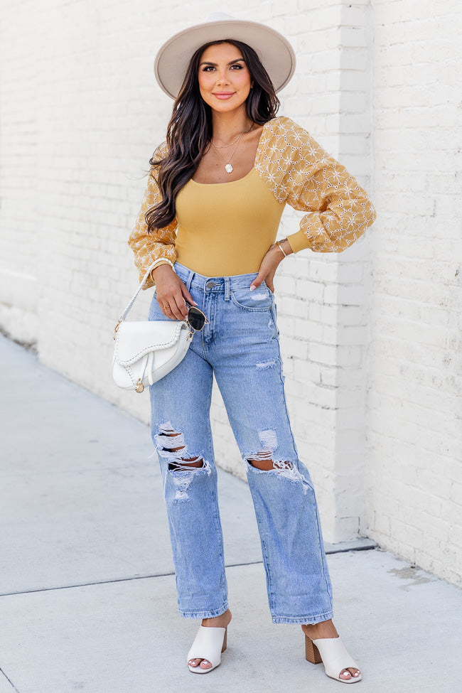 No Need To Worry Mustard Lace Sleeve Blouse FINAL SALE