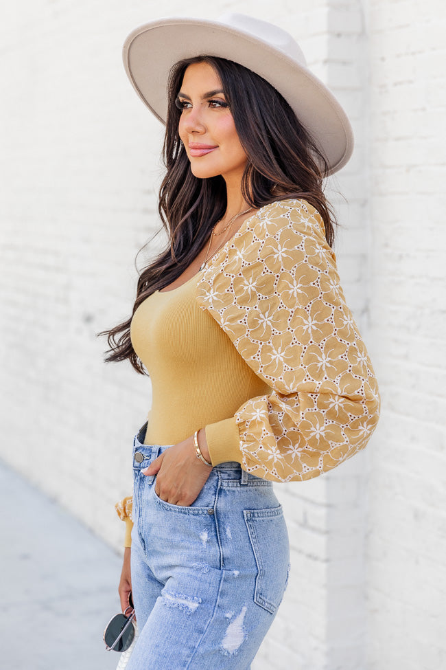 No Need To Worry Mustard Lace Sleeve Blouse FINAL SALE