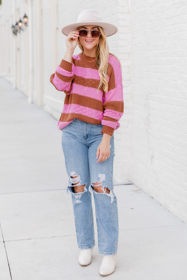 Makes Me Happy Pink And Brown Striped Textured Sweater
