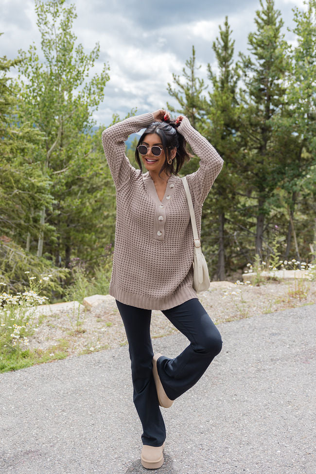 Just Keep Going Mocha Henley Waffle Sweater SALE