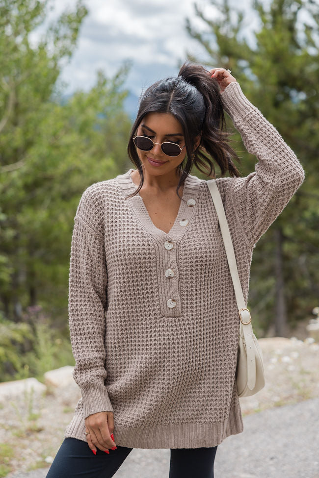 Just Keep Going Mocha Henley Waffle Sweater SALE