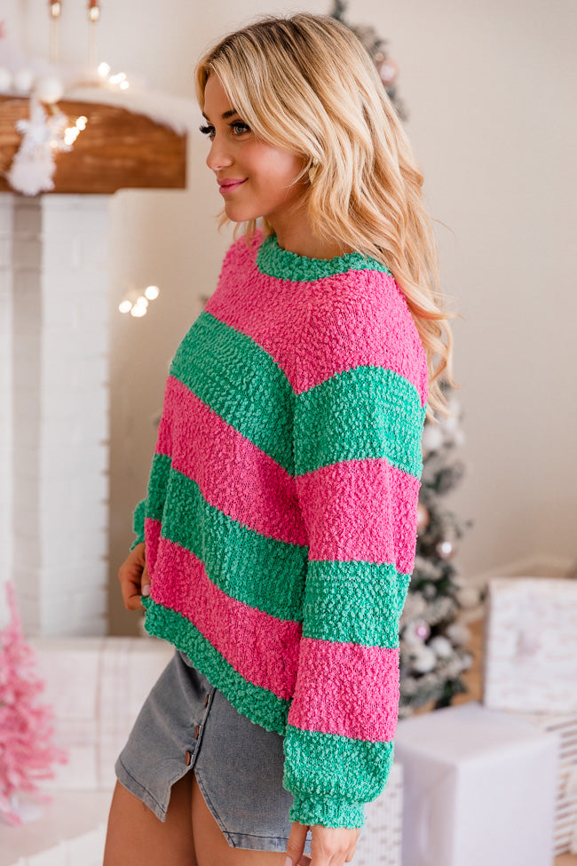 Everything Changes Pink And Green Striped Popcorn Sweater