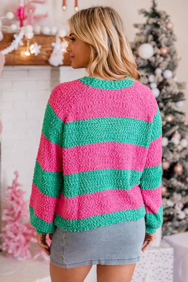 Everything Changes Pink And Green Striped Popcorn Sweater
