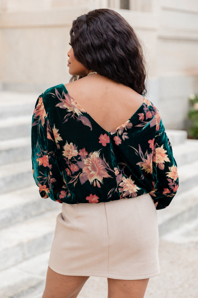 Night Out Green Velvet Floral Long Sleeve Cropped Blouse