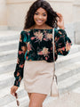 Night Out Green Velvet Floral Long Sleeve Cropped Blouse