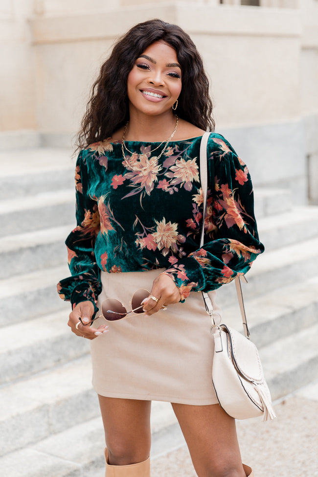 Night Out Green Velvet Floral Long Sleeve Cropped Blouse