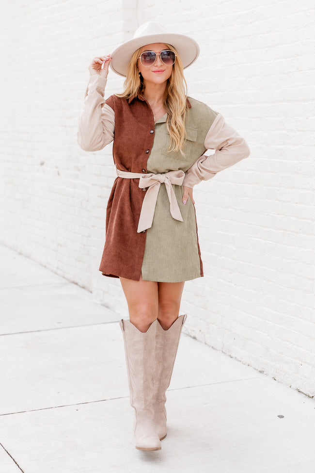 Your New Favorite Brown Colorblock Corded Long Sleeve Belted Dress FINAL SALE