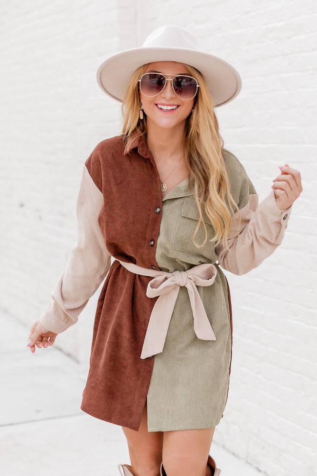 Your New Favorite Brown Colorblock Corded Long Sleeve Belted Dress FINAL SALE