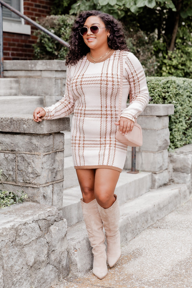 Going Along Brown Multi Plaid Long Sleeve Sweater Mini Dress FINAL