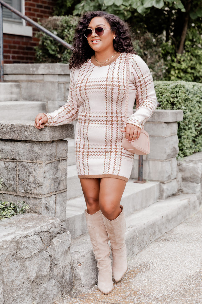 Going Along Brown Multi Plaid Long Sleeve Sweater Mini Dress