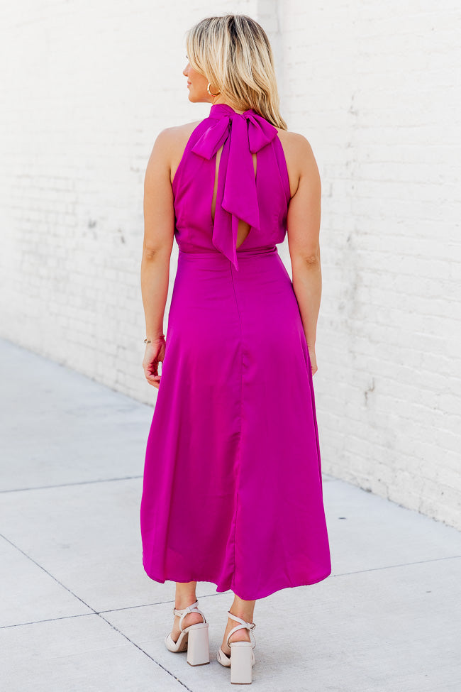 Hard To Ignore Hot Pink Satin Mock Neck Midi Dress – Pink Lily