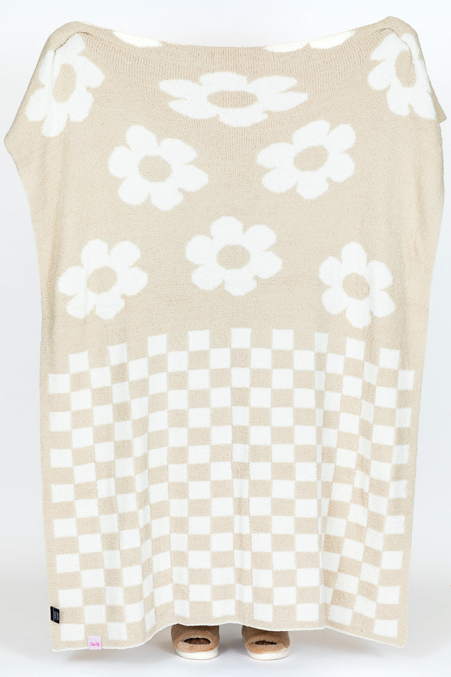 Make Me Believe Taupe Checkered and Daisy Print Blanket DOORBUSTER