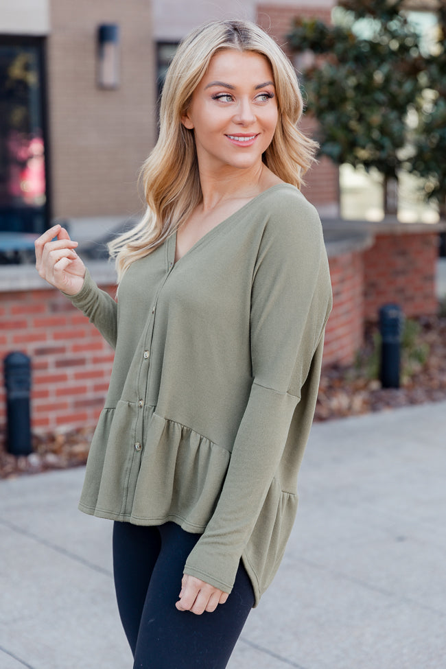 Nothing More Free Olive Brushed Knit Button Front Peplum Top