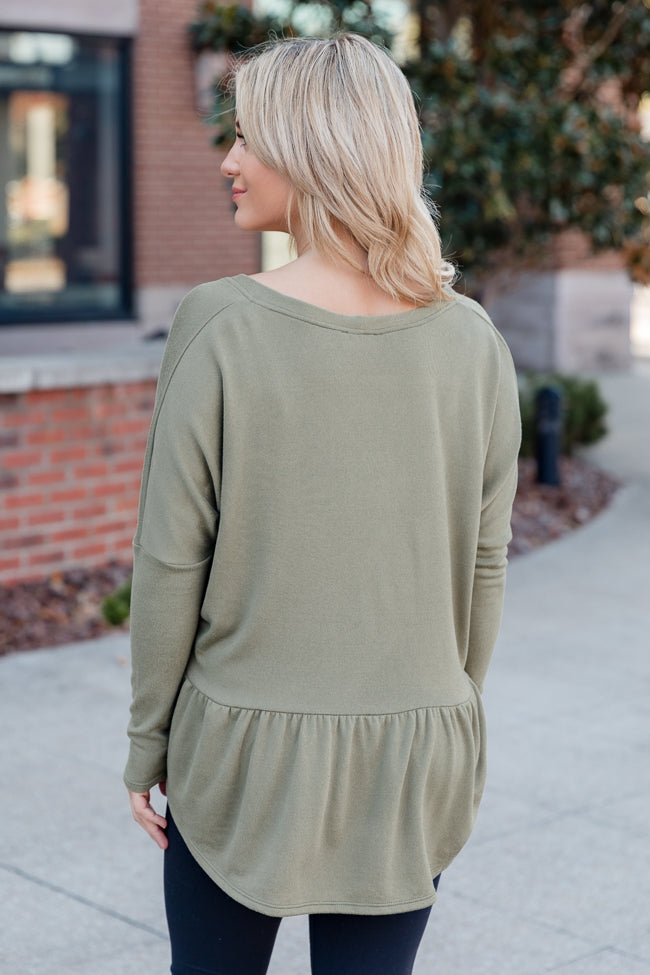 Nothing More Free Olive Brushed Knit Button Front Peplum Top