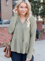 Nothing More Free Olive Brushed Knit Button Front Peplum Top FINAL SALE