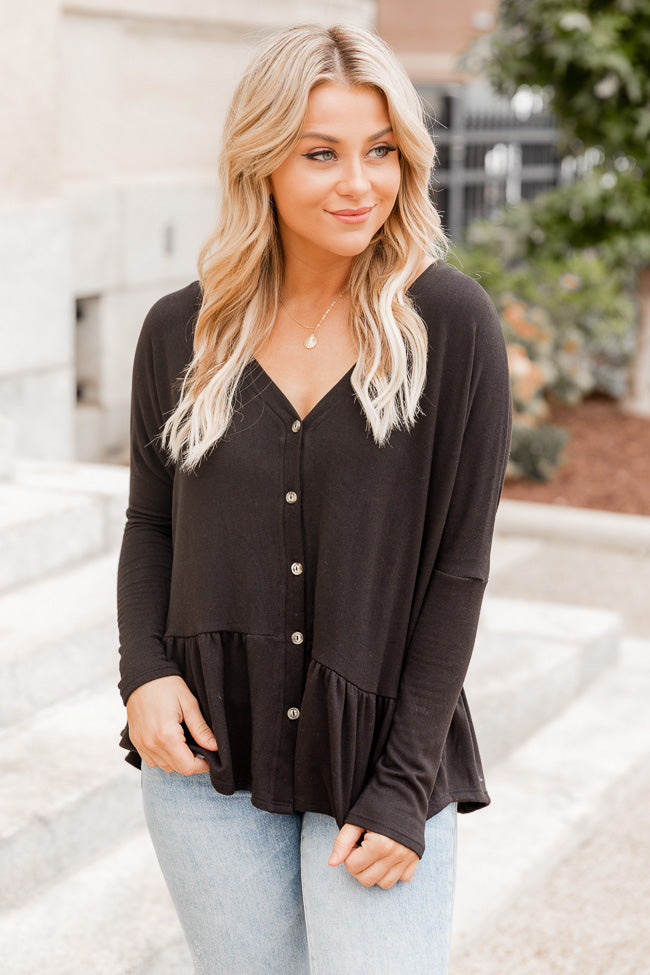 Nothing More Free Black Brushed Knit Button Front Peplum Top