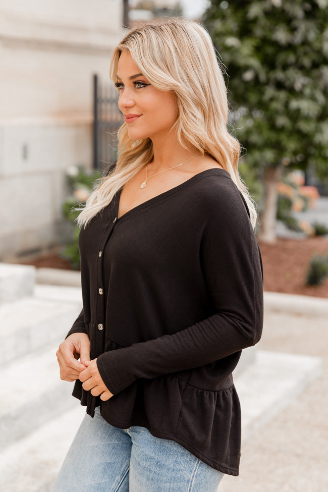 Nothing More Free Black Brushed Knit Button Front Peplum Top