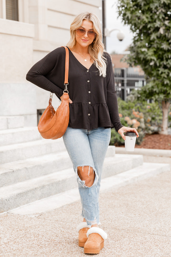 Nothing More Free Black Brushed Knit Button Front Peplum Top