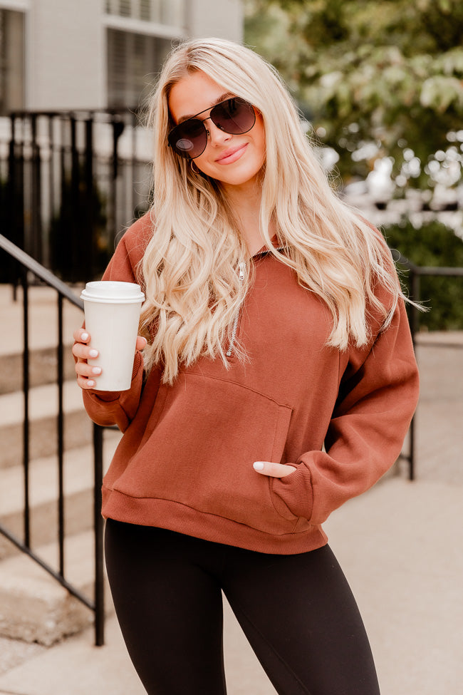 Making It Look Easy Brown Oversized Quarter Zip Pullover – Pink Lily