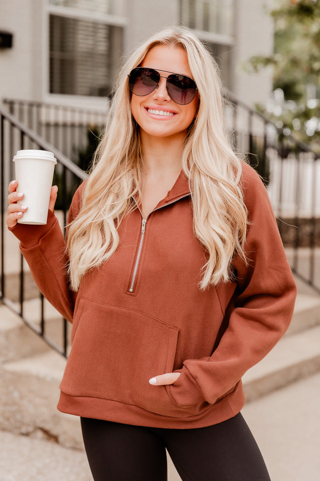 Making It Look Easy Brown Oversized Quarter Zip Pullover Pink Lily