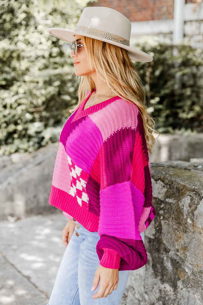 Better Than This Magenta Checkered Color Block Sweater