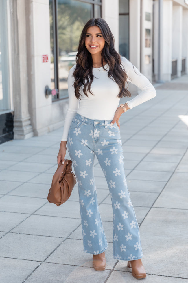 A Different Path Daisy Print Flare Jeans