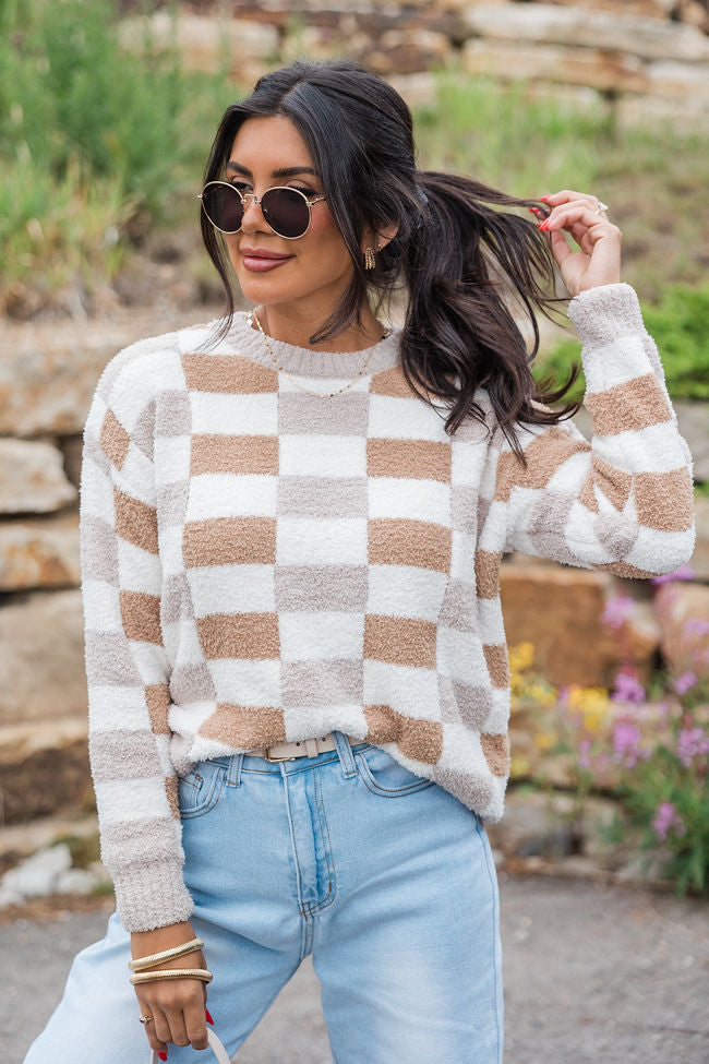 Sweet Truth Tan Fuzzy Checkered Sweater FINAL SALE