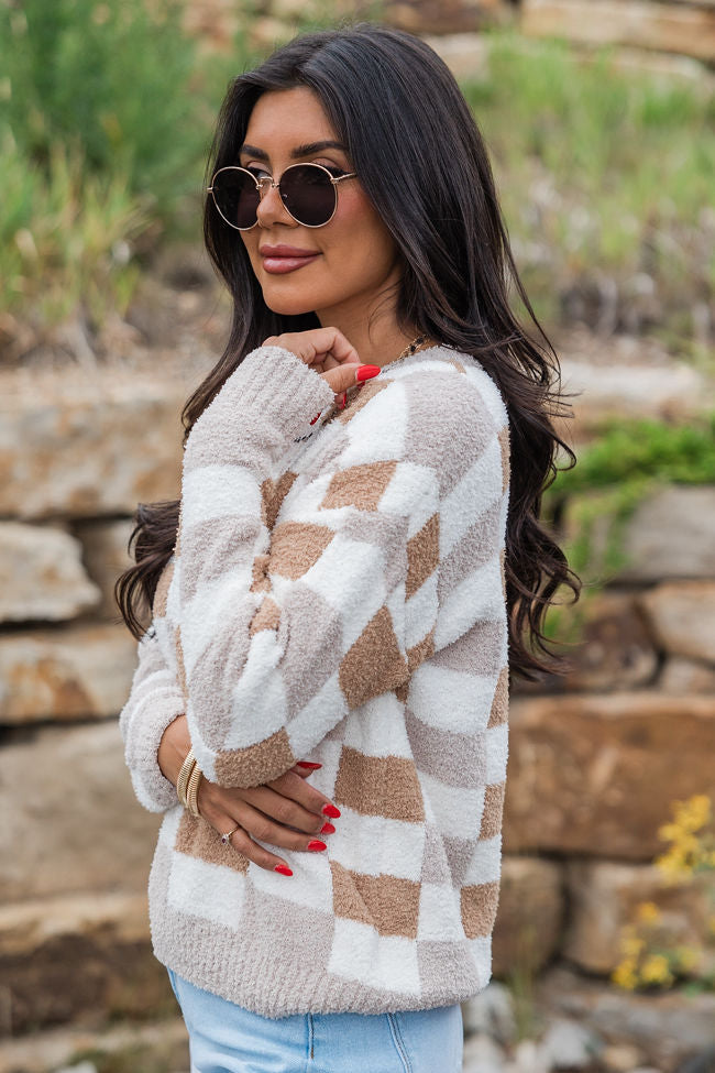 Sweet Truth Tan Fuzzy Checkered Sweater FINAL SALE